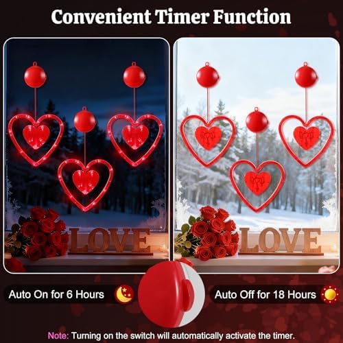 Lewondr 3Pcs Valentines Day Window Lights with 2 Lighting Modes, Red - Image 3