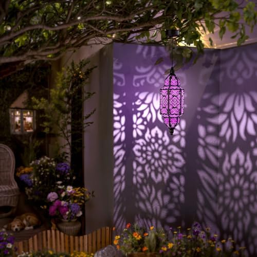 Twinkya Hanging Solar Lights Outdoor Garden Decorative Solar Lantern Waterproof Metal Moroccan Outdoor Decorations for Patio Pathway Yard Porch Backyard Garden Decor (Purple, 1 Pack) - Image 2