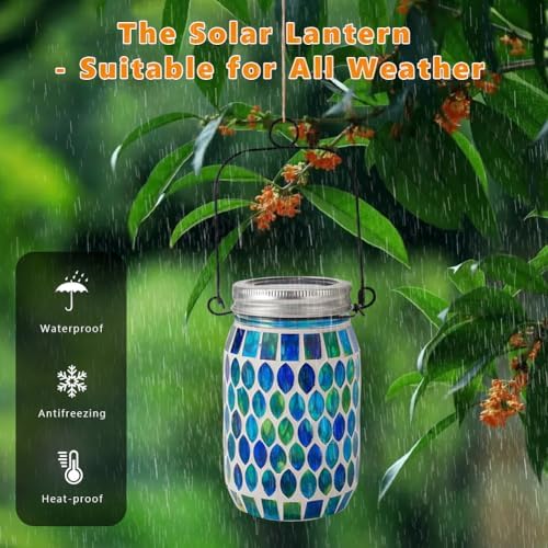 Starsoul 2 Pack Solar Lanterns Outdoor Waterproof, Decorative Teal Mosaic Glass Outdoor Lantern, Hanging Solar Garden Lights for Outside Pathway Patio Porch Yard Table, Gifts for Women Mom Grandma - Image 3