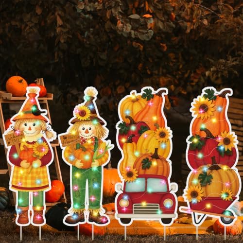 4 Pcs Fall Outdoor Decorations Metal Pumpkin Scarecrow Yard Sign with LED - Image 6