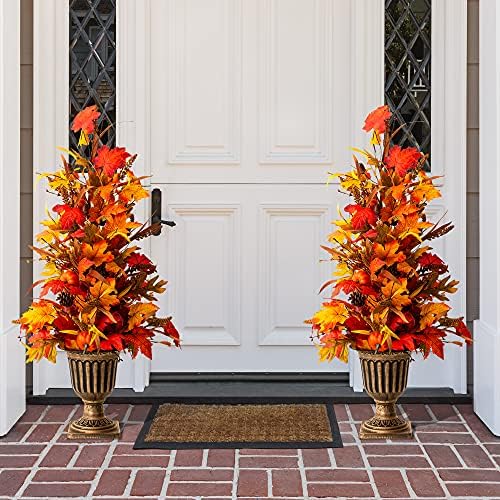 Glitzhome 2 Pcs Fall Maple Trees with Lights & Timer, 36''H Lighted Artificial Urn Potted Porch Tree with 20 Warm White LEDs, Decorative Fall Front Door Trees for Outdoor Indoor Porch Entryway - Image 4