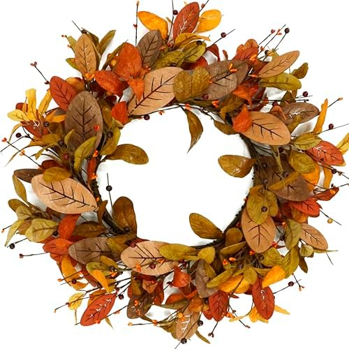 Artificial 20 inch Fall Wreath Autumn Magnolia Wreath with Wooden Magnolia Leaves,Multicolored Berry for Front Door Indoor Outdoor Farmhouse Wall Holiday Decor by WreathDream
