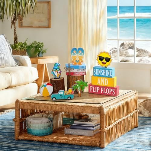 Vercraft 11 Pcs Summer Decorations Set Sunshine Tiered Tray Decor Hello Sweet Summer Wooden Blocks Flip Flops Coconut Tree Centerpiece for Home Office Decorations - Image 2
