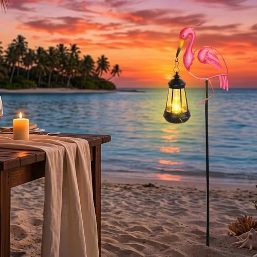 LOVERUIS Solar Garden Decor Lights Outdoor Waterproof, Metal Flamingo Stakes with Solar Lanterns, Solar Garden Lights for Decorative Yard Art Outside Patio Lawn Ornaments, Gifts for Women Mom by CuteDesignHighQuality