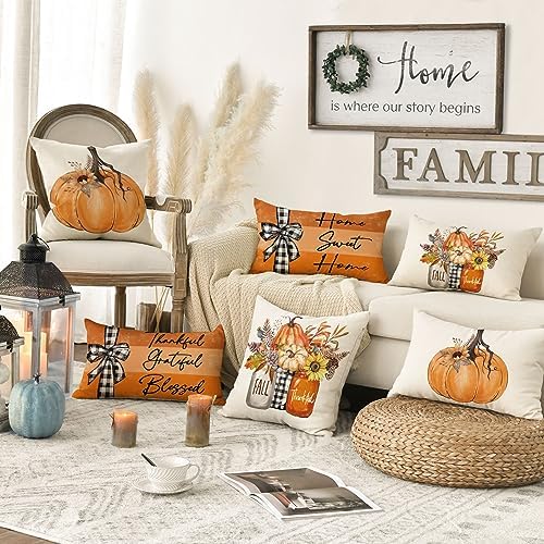 AVOIN colorlife Fall Pumpkin Home Sweet Home Throw Pillow Covers, 12 x 20 Inch Autumn Thankful Grateful Blessed Harvest Floral Orange Decorations for Sofa Couch Set of 4 - Image 3