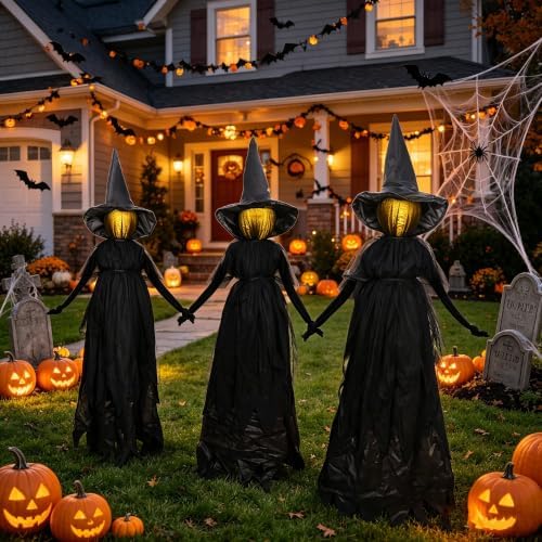 DR.DUDU Halloween Decorations Outdoor 4.6 FT Light Up Witch Stakes Set of 3 - Image 4