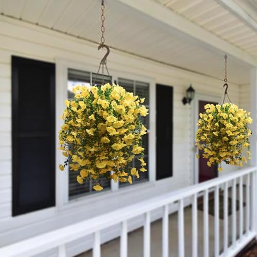 2 Pcs Look Real Artificial Flowers for Outdoors Artificial Hanging Flowers for Outdoors, UV Resistant Fake Hanging Plants Silk Petunia Faux Flowers for Porch Yard Spring Decor (Yellow) - Image 2
