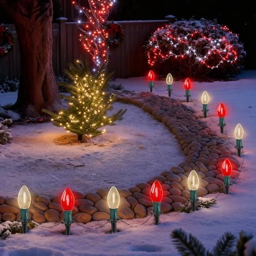 19.5FT Red and White C9 Christmas Pathway Lights, Outdoor LED String Lights with 10 Connectable Bulbs, Waterproof Yard Decor for Walkway, Driveway, Garden, and Holiday Lighting by Konictom