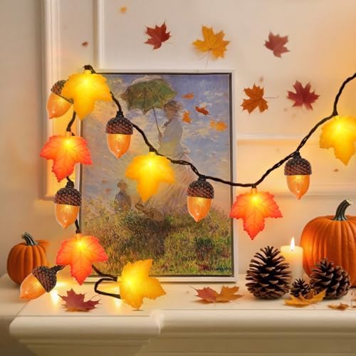Couah 8.5 FT 3D Orange Maple Leaf & Acorn Lights with 10 LED Plug in Fall String Lights for Indoor and Outdoor Home Bedroom Autumn Party Harvest Fall Decorations - Image 4