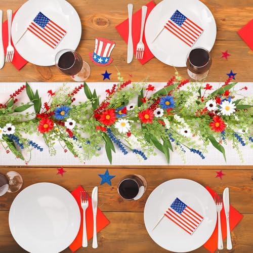 6.56 Ft 4th of July Flower Garland Wreath Patriotic Red Blue White Daisy Vine Garland Artificial Wild Floral Garland for Independence Day Arch Porch Stair Table Indoor Door Home All Year - Image 6