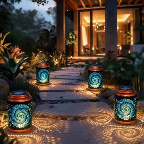 DIBIEECN Birthday Gifts for Women Mom Grandma Wife, Solar Lanterns Outdoor Waterproof, Metal Hanging Lights Garden Decor, LED Decorative Lantern for Patio Porch Backyard, Blue, 4 Pack - Image 6
