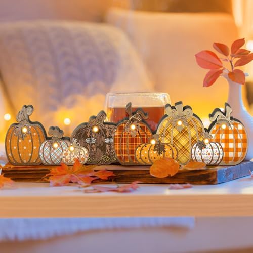 Yousoontic Fall Pumpkin Decor Table Centerpieces Halloween Wooden Pumpkin Sign Decorations with LED Lights 3D Block Autumn Harvest Farmhouse Fall Thanksgiving Decor for Home Mantel Desk Office Party - Image 5