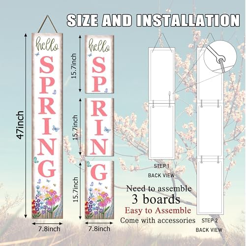 Hello Spring Porch Sign Watercolor Flowers Front Door Hanging Decorations Indoor Outdoor Wooden Vertical Standing Welcome Sign For Home Yard Farmhouse Holiday Decor 47 x 7.8 inch - Image 3