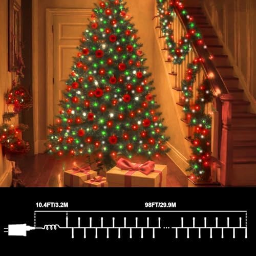 LAMPHOME Red Green White Christmas String Lights, 300 LED 99 FT Connectable Waterproof String Lights Transparent Wire with16 Modes, Xmas Vintage Decorations for Indoor Outdoor Party Yard Garden Decor - Image 5