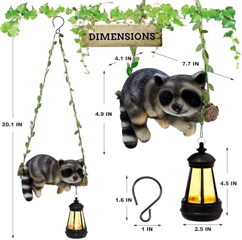 Solar Lighted Garden Outdoor Statue, Hanging Swing Raccoon Style - Image 2