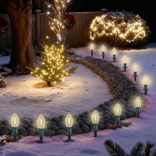 38FT LED Outdoor Christmas Pathway Lights,25 Warm White Extendable Waterproof Christmas Walkway Lights with C9 LED Bulbs and Stakes for Walkway Backyard Snowfield Xmas Decorations by Konictom
