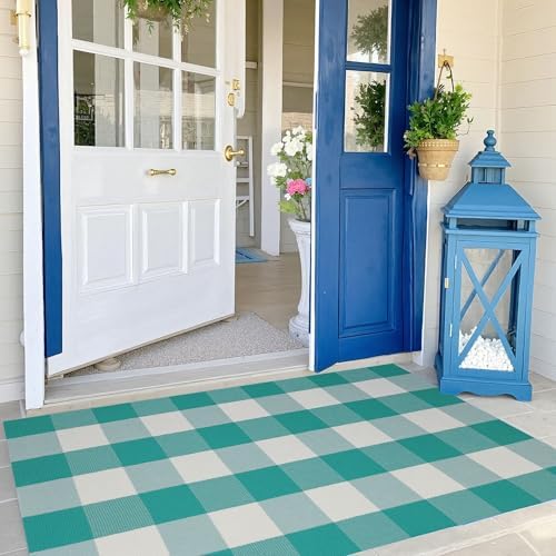 Buffalo Plaid Outdoor Rug 27.5" x 43" Teal Green and White Checkered Area Rug Washable Doormats Indoor Outdoor Rugs for Layered Front Door Mats, Porch, Entryway, Kitchen, Farmhouse - Image 3