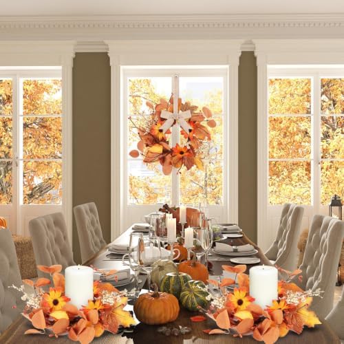 4 Pcs Fall Floral Wreaths Autumn Harvest Sunflowers Pumpkins Leaves Berries Hanging Candle Rings Mini Thanksgiving Table Centerpiece Wreath for Pillar Cabinets Farmhouse Decoration - Image 5