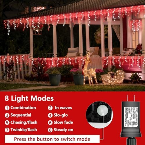 YEGUO 33ft 400 LED Red and White Icicle Lights Outdoor Waterproof, 80 Drops Icicle String Lights Connectable, 8 Modes Icicle Christmas Lights with Memory - Image 4