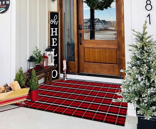 Christmas Outdoor Rugs 3' x 5'Red Black Buffalo Plaid Front Porch Rug Hand-Woven Machine Washable Indoor/Outdoor Layered Door Mats for Entryway/Bedroom/Outdoor - Image 4