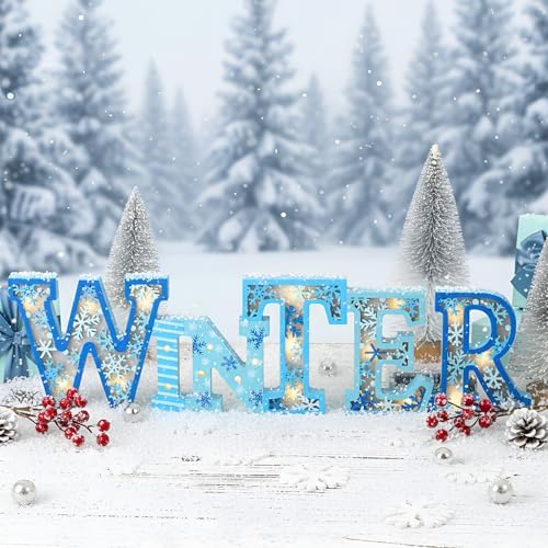 Geetery Blue Winter LED Wooden Sign Rustic Wooden Words Sign for Table Home - Image 3