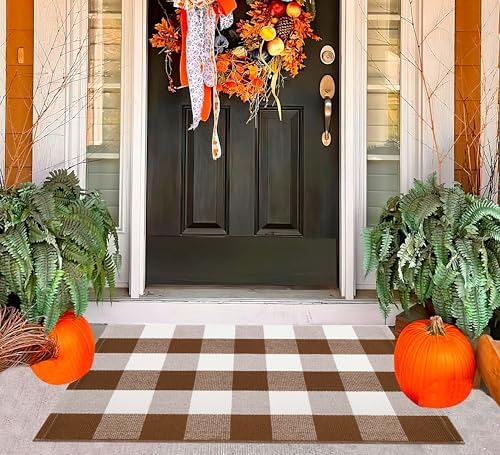 Fall Front Door Mat Outdoor 24"x35"Coffee and White Layered Doormat by BUAGETUP