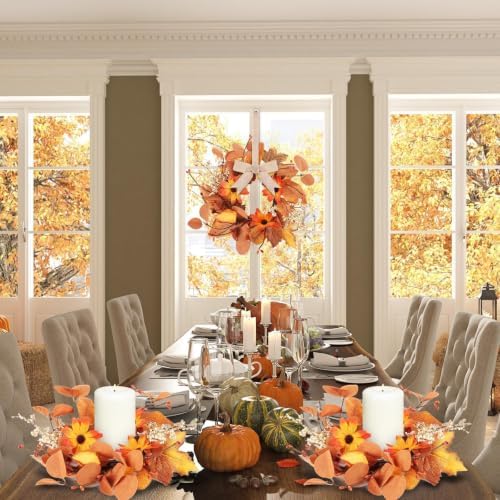 Fall Mini Wreath Set, 6 Pcs Artificial Autumn Small Wreaths with Burlap Bow Sunflower Maple Leaf Eucalyptus, Thanksgiving Harvest Hanging Wreath for Front Door Cabinet Window Home Decor - Image 6