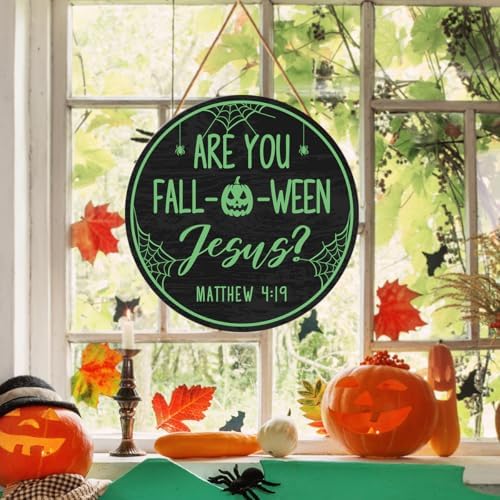Christian Halloween Decorations Are You Fall-O-Ween Jesus Sign Halloween Pumpkin Door Sign Wooden Hanger for Front Door Porch Wall Indoor Home Office Bedroom Decor - Image 5