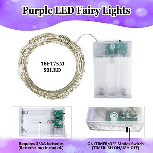 4 Pack Fairy Lights Battery Operated Halloween String Lights Timer Purple - Image 6
