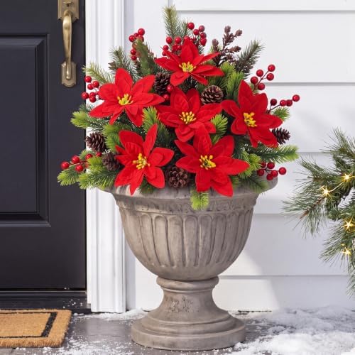 Daifunli 6 Pcs Christmas Poinsettias Artificial Flowers for Outdoors 14'' by Huiinen