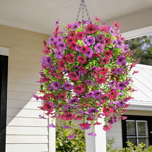 INQCMY Artificial Hanging Flowers with Basket for Spring Outdoor Decoration 3 Bunches of Silk Daisy Flower Uv Resistant for Garden Porch Patio Balcony Yard Decor (Purple Red) - Image 4