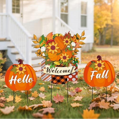 3 Pcs Metal Pumpkin Yard Stakes with Welcome Sign Hello Fall Pumpkin Yard Signs Hanging Wall Decor Farmhouse Decorative Garden Stakes for Autumn Harvest Thanksgiving Outdoor Walkway Decor - Image 6