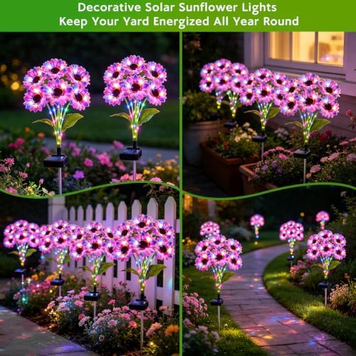 Solar Sunflower Lights Outdoor Garden Decor, 4 Pack Solar Multicolor Flowers Lights with 18 Sunflowers, Waterproof Fall Decor Stake Decorative Light Auto ON/Off for Garden Yard Patio, Gift for Women - Image 6