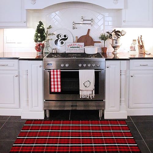 Bottalive Christmas Plaid Outdoor Rug, 2' x 4'3'' Red & Black Check Indoor/Outdoor Area Rug, Layering Rug for Hello/Welcome Door Mat, Machine Washable Cotton Woven Farmhouse Mat for Front Porch Décor - Image 4