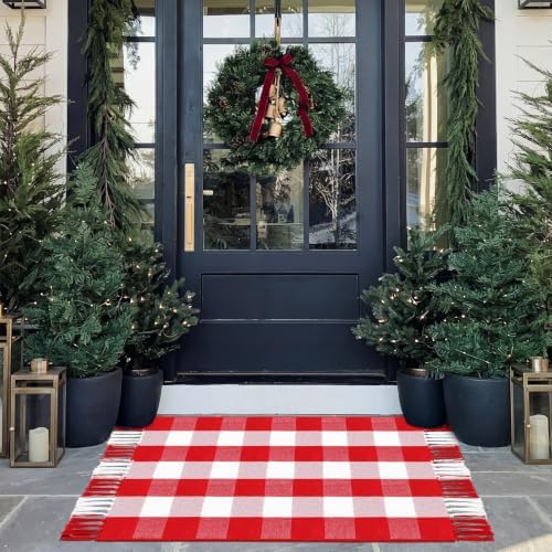 Breling Christmas Outdoor Rug 28" x 43" Red and White Buffalo Plaid Door Mat with Tassels Christmas Home Decor Soft Hand Woven Cotton Bathroom Rug Washable Layered Doormats for Front Porch Entryway by Breling