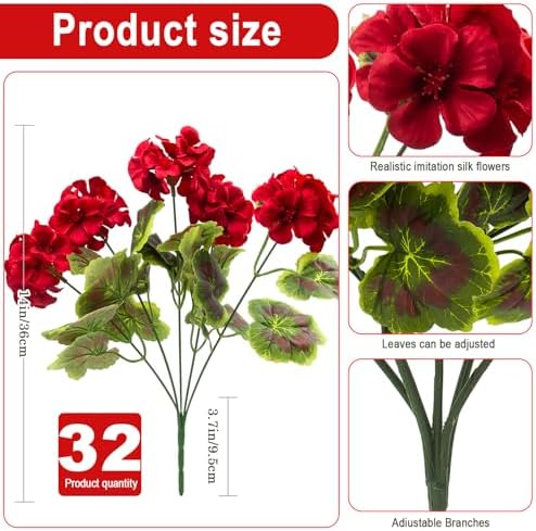 lovemoon 32 Pcs Artificial Geranium Plant Realistic Silk Flowers for Outside Bulk UV Resistant Faux Geraniums Flowers for Indoor Outdoor Home Garden Office Decoration(32, Red) - Image 2