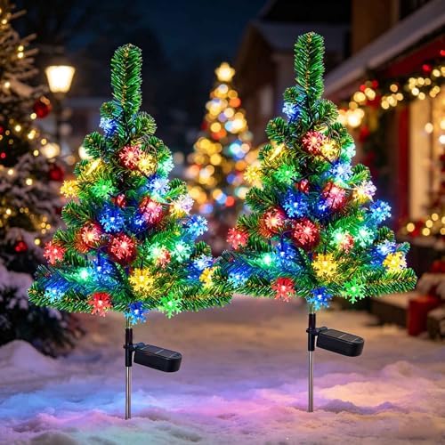 Windpnn 2-Pack 2.6FT Solar Christmas Tree Outdoor Christmas Decorations for Outsdie Garden, Patio, Yard, Pathway, Cemetery Decor (with 40 Snowflake Lights, Waterproof) - Image 7