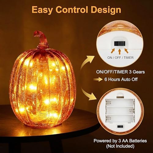 Fall Decorations for Home,Crackled Glass Pumpkin lights with Timer (Gold) - Image 3