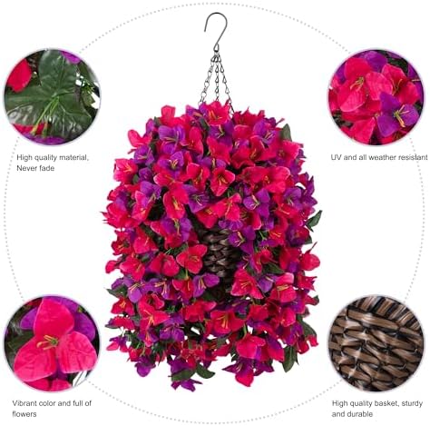 Bougainvillea Artificial Hanging Fake Flowers with Basket for Outdoors Decoration, Faux Silk Flowers UV Resistant Fake Plants Long Vines Realistic for Outside Front Door Porch Patio, Fuchsia Hotpink - Image 3