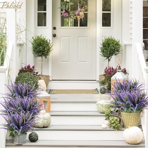 32 Pcs Artificial Grass Fake Plants 17.3in Outdoor Plants UV Resistant Faux Greenery Stems Fake Grass for Home Window Garden Office Patio Pathway Front Porch Halloween Décor Green & Purple - Image 3