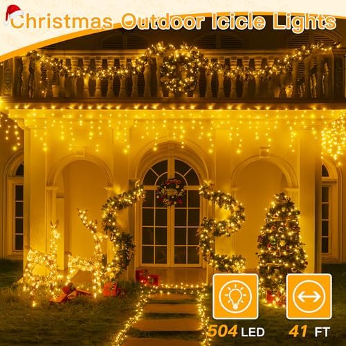 Ollny Icicle Lights for Outside 504LED 41FT, Warm White Christmas Light with Remote 8Modes Timers Waterproof, Plug in Connectable Hanging Lights for Outdoor Indoor House Roof Holiday - Image 2