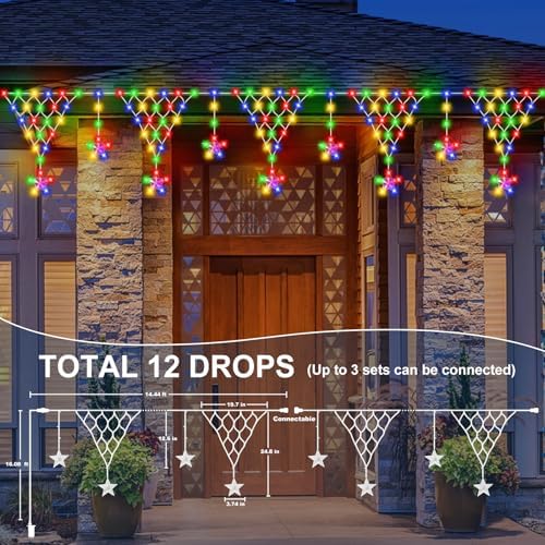 Christmas Outdoor String Lights Waterproof, 218 LED 13.8FT Star Curtain Fairy Lights with 11 Drops Connectable Clear Wire Christmas Light Decorations 8 Modes for Eaves Yard Wedding Party Holiday Decor - Image 6