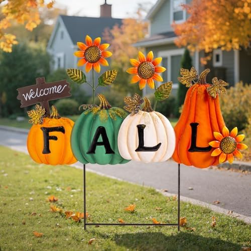 Lanpn Fall Garden Stakes Decorative, Letter Fall Pumpkin Waterproof Metal Yard Signs 2.5ft for Home Lawn Patio Porch Autumn Thanksgiving Harvest Season Outdoor Decor (Style 02, 23.2 x 23.6 inch) by Lanpn