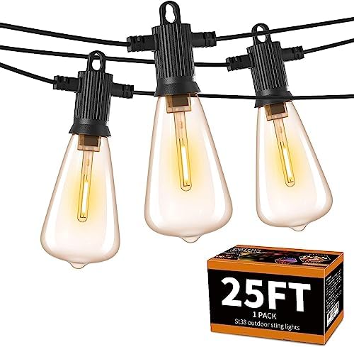 ZOTOYI Outdoor String Lights 25FT, Waterproof IP65 Patio Lights with 13 Shatterproof ST38 LED Bulbs, Outside Hanging Light Dimmable for Backyard, Bistro, Cafe, Garden 2700K Warm White by ZOTOYI