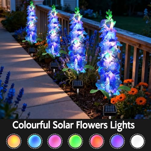 MRHEPHAESTUS Solar Garden Lights, Solar Blue Delphinium Flowers Lights 8 Pack 160 LEDs, Waterproof Outdoor Light Two Lighting Modes for Outside Wedding Party Garden Yard Patio Lawn Decor - Image 4