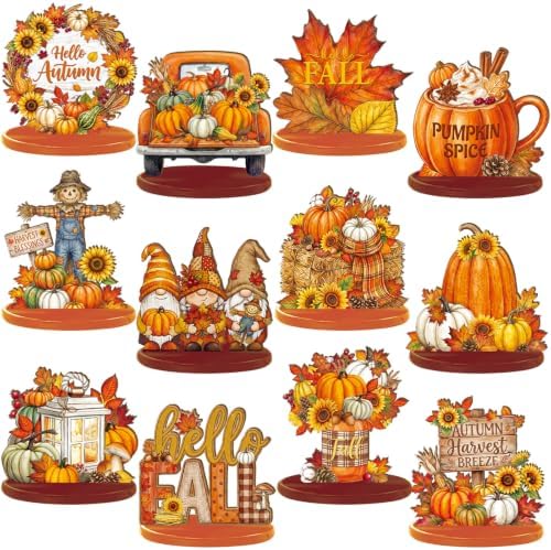 Wesiti 12 Pcs Fall Thanksgiving Table Decorations, Wooden Autumn Harvest Centerpiece, Pumpkin Gnome Scarecrow Table Topper Decor for Fall Tiered Tray Decor Party Favor by Unteilti