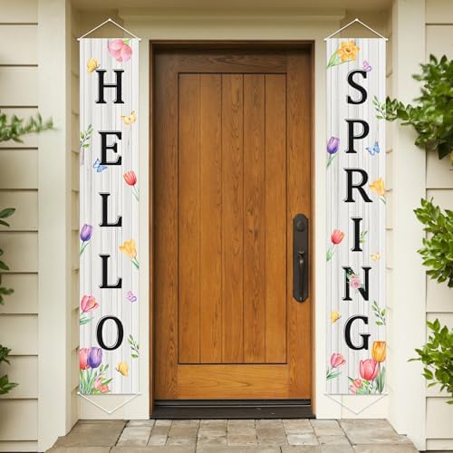 Hello Spring Banner Decorations Set of 2, 11.8" x 71" Spring Floral Porch Banners, Hello Spring Sign Decorations for Front Door Porch Wall Yard Party Supplies Indoor Outdoor Decoration (White) - Image 6