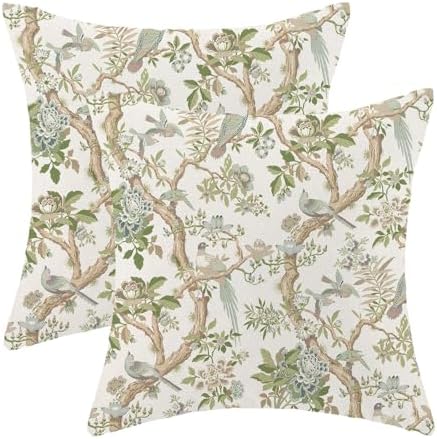 CXMEIFLY Chinoiserie Spring Pillow Covers 18 x 18 Inch Set of 2 for Sage Green Blue Vintage Flowers Bird Decor Throw Pillows Plant Farmhouse Outdoor Decorative Cushion Cases for Couch Bed Decorations by CXMEIFLY