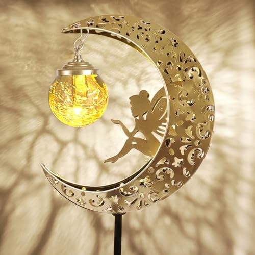 Solar Lights Outdoor Waterproof Fairy Moon Crackle Glass Lights with Metal Angel Decor for Walkway Yard Patio or Garden Gifts for Mom Grandma Friends - Image 6