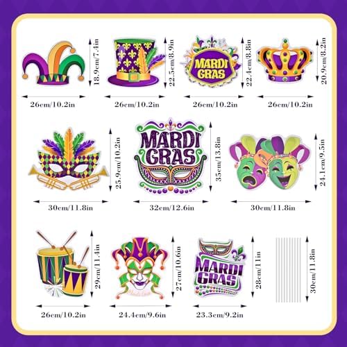 10 Pieces Mardi Gras Decorations Outdoor Yard Garden Porch Sign - Large Festive Mask, Jester, Crown, Drum, and Hat Masquerade Design Signs with Stakes for Outside Carnival Patio Pathway Lawn Decor - Image 2